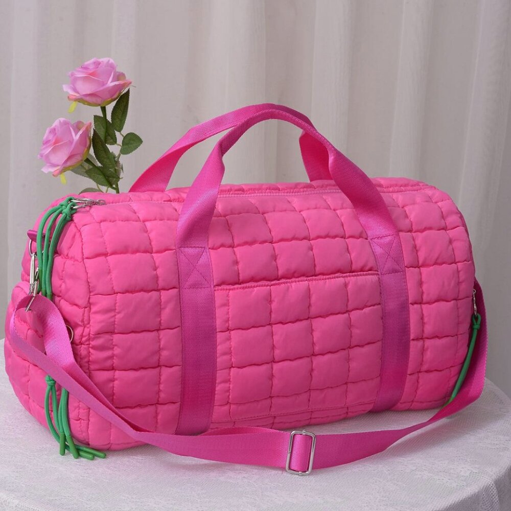 Hot Pink Quilted Puffer Weekender Bag Travel Duffel Tote Carry-On Gym Overnight